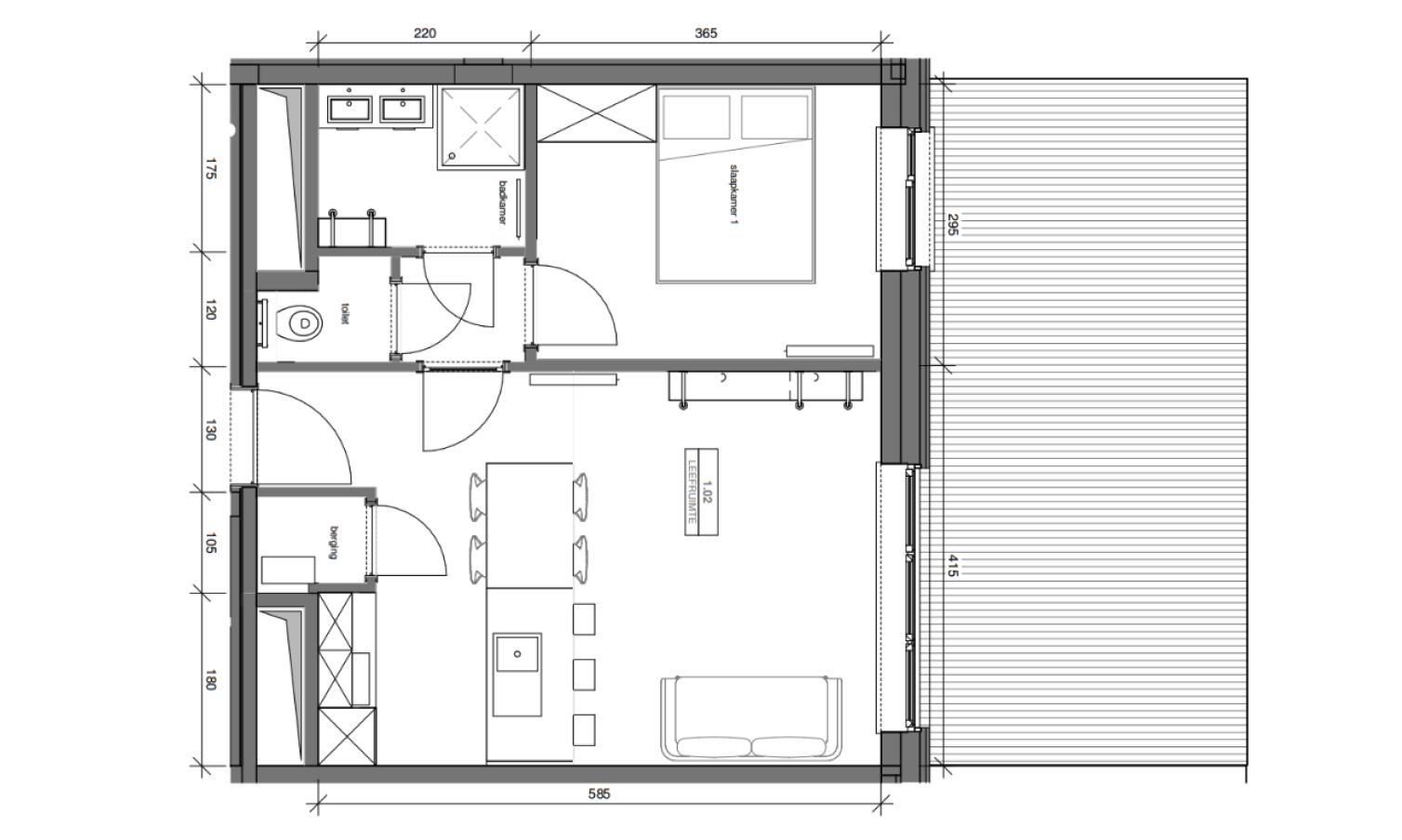 Grondplan The Mill 1 slaapkamer